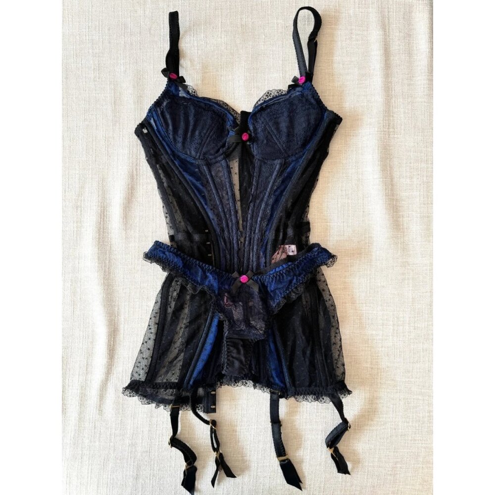 Rare Agent Provocateur Indigo Black Blue Corselette Basque Thong 2PCSet 34B/SZ 2